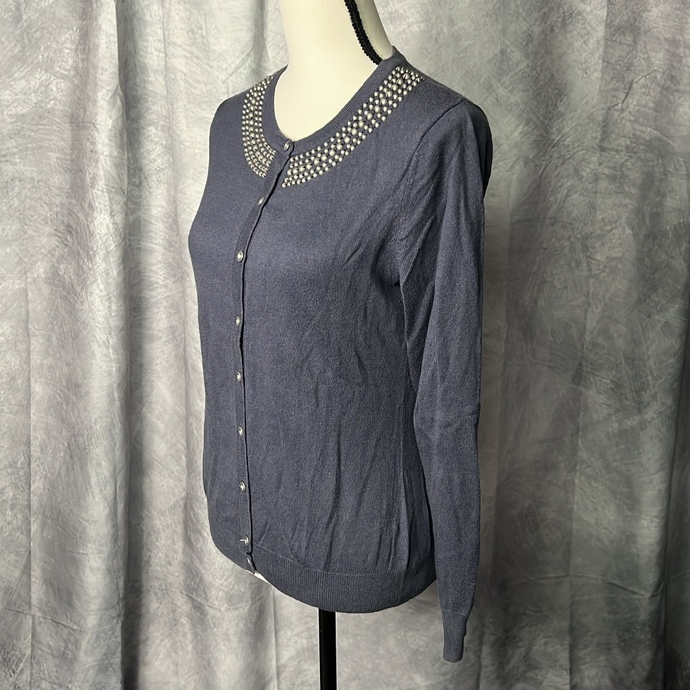 Merona Steel Gray-Blue Beaded Neck Button Down Cardigan Sweater - size MED - Picture 4 of 10